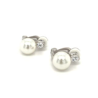 Sterling Silver Pearl And Cz Clip On Earrings
