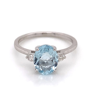 9ct White Gold 1.75ct Oval Aquamarine with Two Side Diamonds Ring