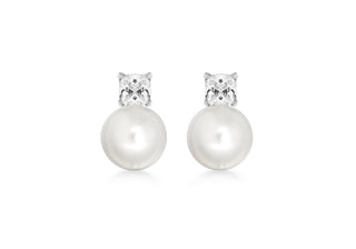 STERLING SILVER PEARL AND CZ 7.8MM X 12MM STUD EARRINGS