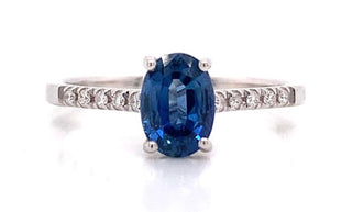 18ct White Gold 1.10ct Oval Sapphire With 0.09ct Diamond Set Shoulders Ring