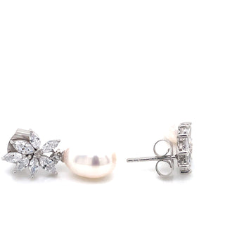 Sterling Silver Floral CZ & Pearl Drop Earring