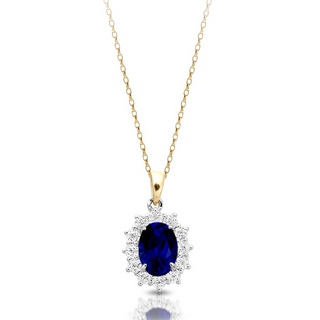 9ct Gold Two Tone Lady Di Style Sapphire And Cz Halo Necklace