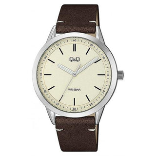 Q & Q Gents Brown Leather Strap Watch With Cream Dial