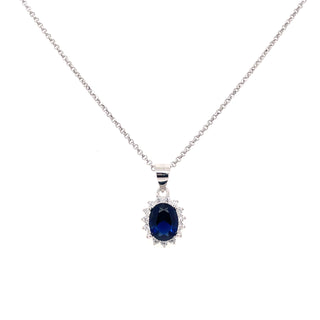 Sterling Silver Sapphire Oval & CZ Halo Necklace