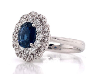 18ct White Gold 1.01ct Sapphire Surrounded by a Double Halo of 0.39ct Diamonds