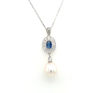 Sterling Silver Pearl Cz And Sapphire Pendant