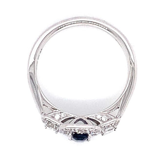 Platinum 0.55ct Sapphire And 0.46ct Diamond Three Stone Emerald Cut Halo Ring