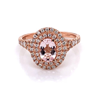 .70ct Oval Morganite and .46ct Diamond Double Halo Ring in Rose Gold