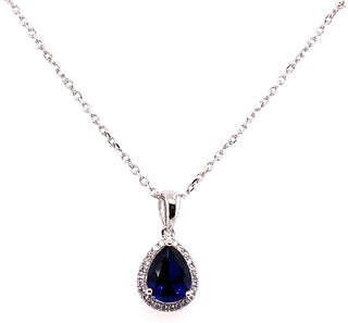Sterling Silver Small Pear Shape Sapphire And Cz Halo Pendant