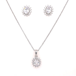 Sterling Silver Dazzling CZ Oval Halo Earrings & Necklace Set