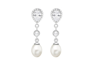 STERLING SILVER FRESH WATER PEARL AND CZ 7.5MM X 32.5MM DROP EARRINGS