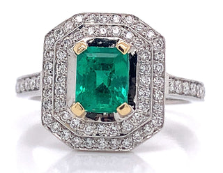 18ct White Gold Emerald And Diamond Double Halo 1.45ct Diamond Engagement Ring