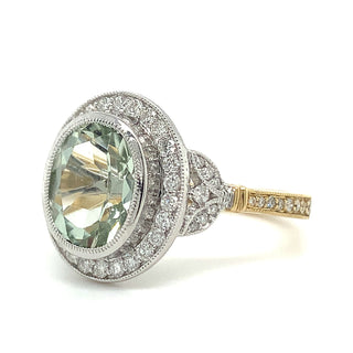 2.58ct Earth Grown Oval Green Amethyst Two Tone Ring with Diamond Halo