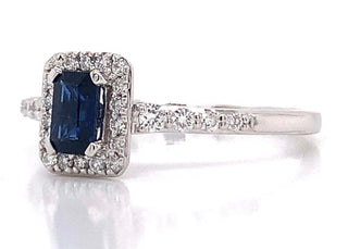 9ct White Gold 0.55ct Sapphire And 0.10ct Diamond Halo Ring