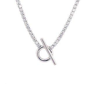 Sterling Silver CZ Tennis Necklace with Open Circle & Bar