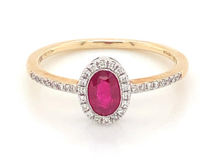 9ct Yellow Gold Oval Ruby And Diamond Halo With Diamond Set Shoulders Ring