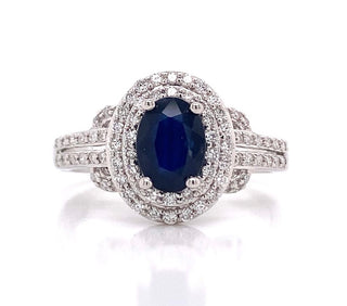 9ct White Gold 1ct Sapphire with 0.35ct Double Halo Diamond Ring
