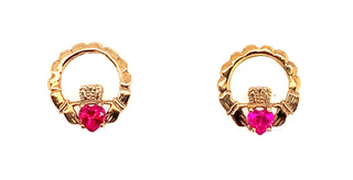 9ct Yellow Gold Claddagh Ruby Earrings
