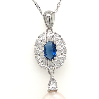 Sterling Silver Pearl Cz And Sapphire Pendant