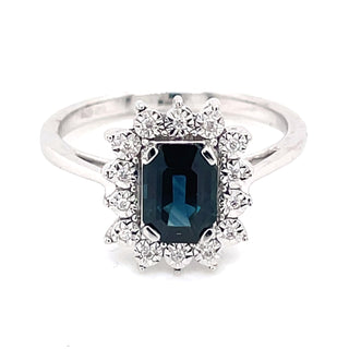 Emerald Cut Sapphire & Diamond White Gold Cluster Ring