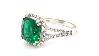 Sterling Silver Emerald And Cz Cushion Cut Ring With Split Shoulders