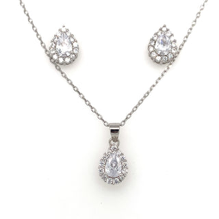 Sterling Silver Pear Cz Halo Earring And Pendant Set