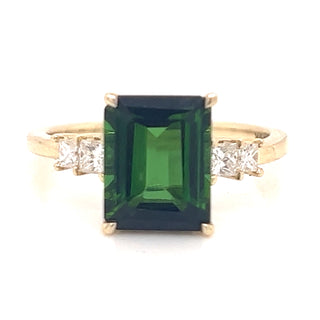 2.80CT Emerald Green Tourmaline & Princess Diamond Gold Ring