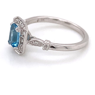 9ct White Gold Emerald Cut Blue Topaz with Diamond Vintage Style Ring