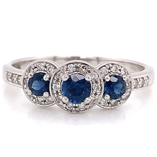 9ct White Gold Sapphire & Diamond 3 Stone Halo Ring