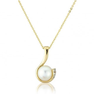 9ct Yellow Gold Pearl And Diamond Curl Pendant Necklace