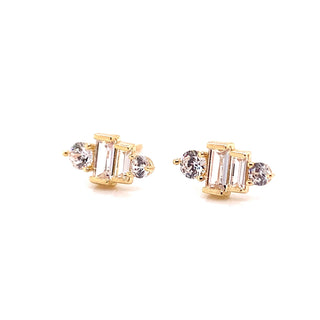 9ct Yellow Gold Double Emerald & Round Cut CZ Studs