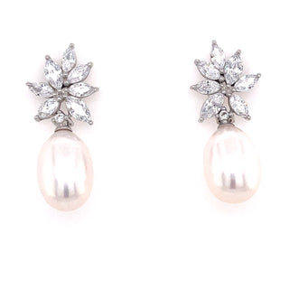 Sterling Silver Floral CZ & Pearl Drop Earring