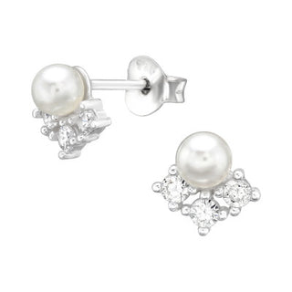 Silver Flower Ear Studs with Cubic Zirconia and Pearl