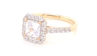 9ct Yellow Gold Cz Princess Cut Ring With A Castle Set Halo