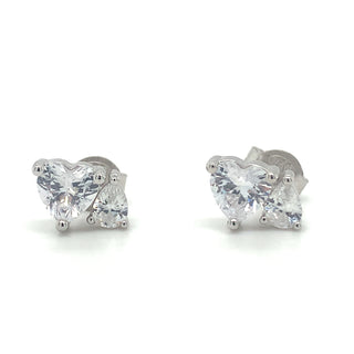 Sterling Silver Cz Heart And Pear Stud Earrings