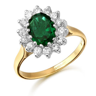 9ct Yellow Gold Lady Di Style Emerald And Cz Cluster Ring