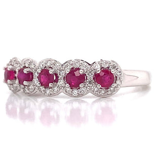 9ct White Gold 0.45ct Ruby Five Stone With 0.22ct Diamond Halo Ring