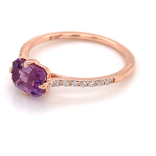 9ct Rose Horizontal Emerald Cut Lilac Amethyst & Diamond Shoulder Ring