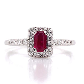 9ct White Gold 0.55ct Ruby and 0.10ct Diamond Halo Ring