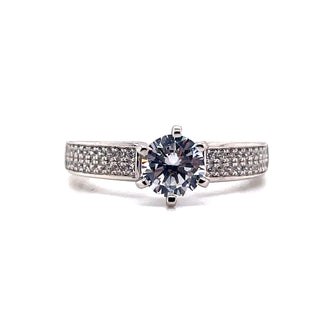 Sterling Silver Solitaire Ring with Double Pavé Set Shoulders
