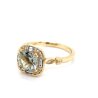 1.40ct Cushion Cut Green Amethyst with Baguette and Round Brilliant Diamonds .25ct Vintage Style Halo with Side Detail