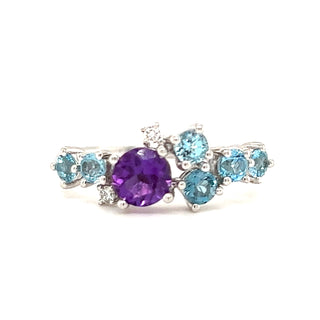 Earth Grown Amethyst, Topaz and Diamond Mixed Stone Ring in 18ct White Gold