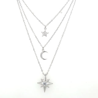 Sterling Silver Triple Layered Stars & Moon Necklace