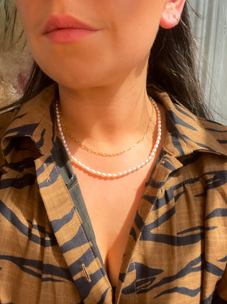 Golden Double Layer Pearl and Rectangular Link Necklace