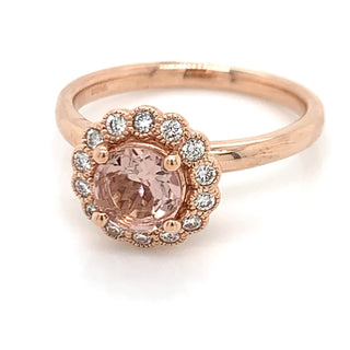 9ct Rose Gold Morganite Rose Gold Ring with Mill-grain Diamond Halo