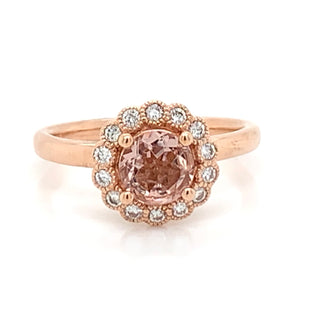 9ct Rose Gold Morganite Rose Gold Ring with Mill-grain Diamond Halo