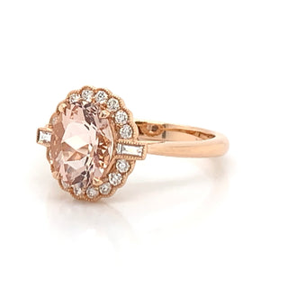 18ct Rose Gold Morganite and Diamond Oval Halo Ring