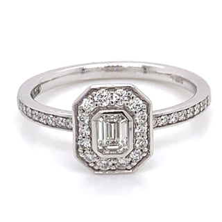 18ct White Gold Rub Over Emerald Cut Diamond Halo Ring